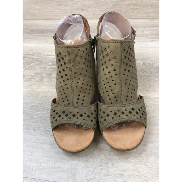 Cobb Hill Women's Green Leather Wedge Sandals 9 Cutout Zip Comfort Peep Toe Shoe - Picture 3 of 11